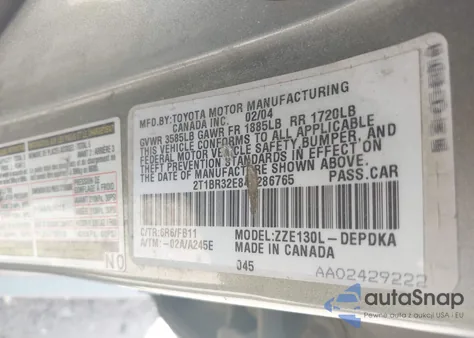 2004 Toyota Corolla Ce из США, поврежденный, VIN 2T1BR32E84C286765